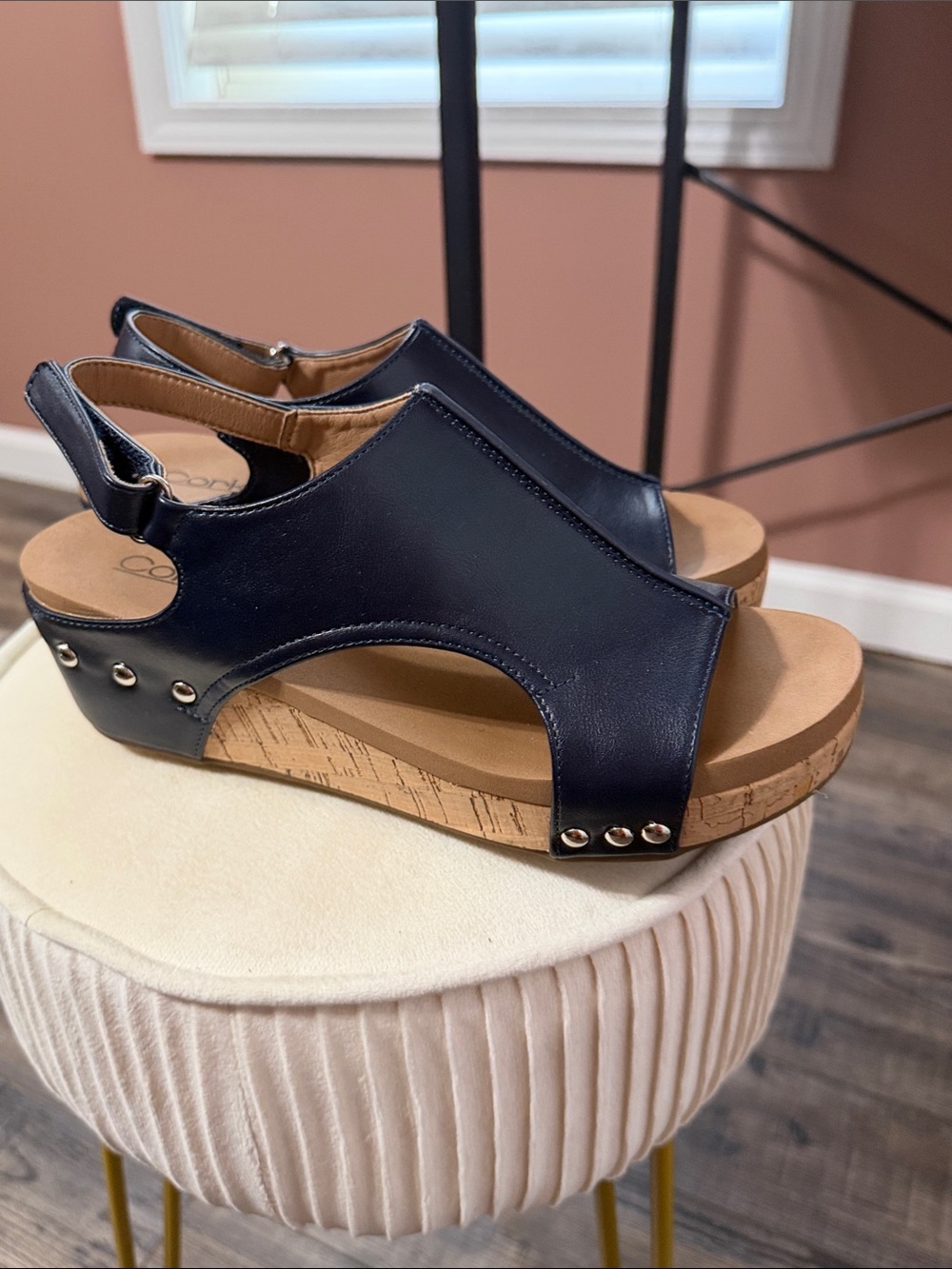 Corkys Navy Leather Wedge Sandals with Cork Platform